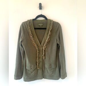 Eddie Bauer Olive Green Cotton Knit Beaded Ruffled Sweat Cardigan/Jacket Size M